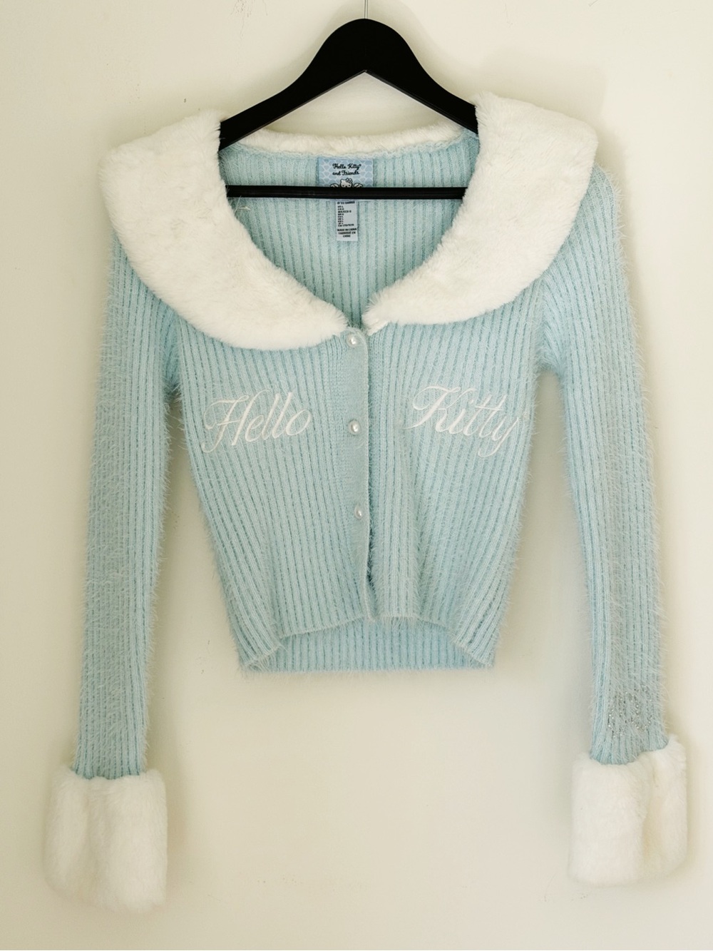 Forever 21 Light Blue Fuzzy Knit Jacket with White Faux-Fur Collar